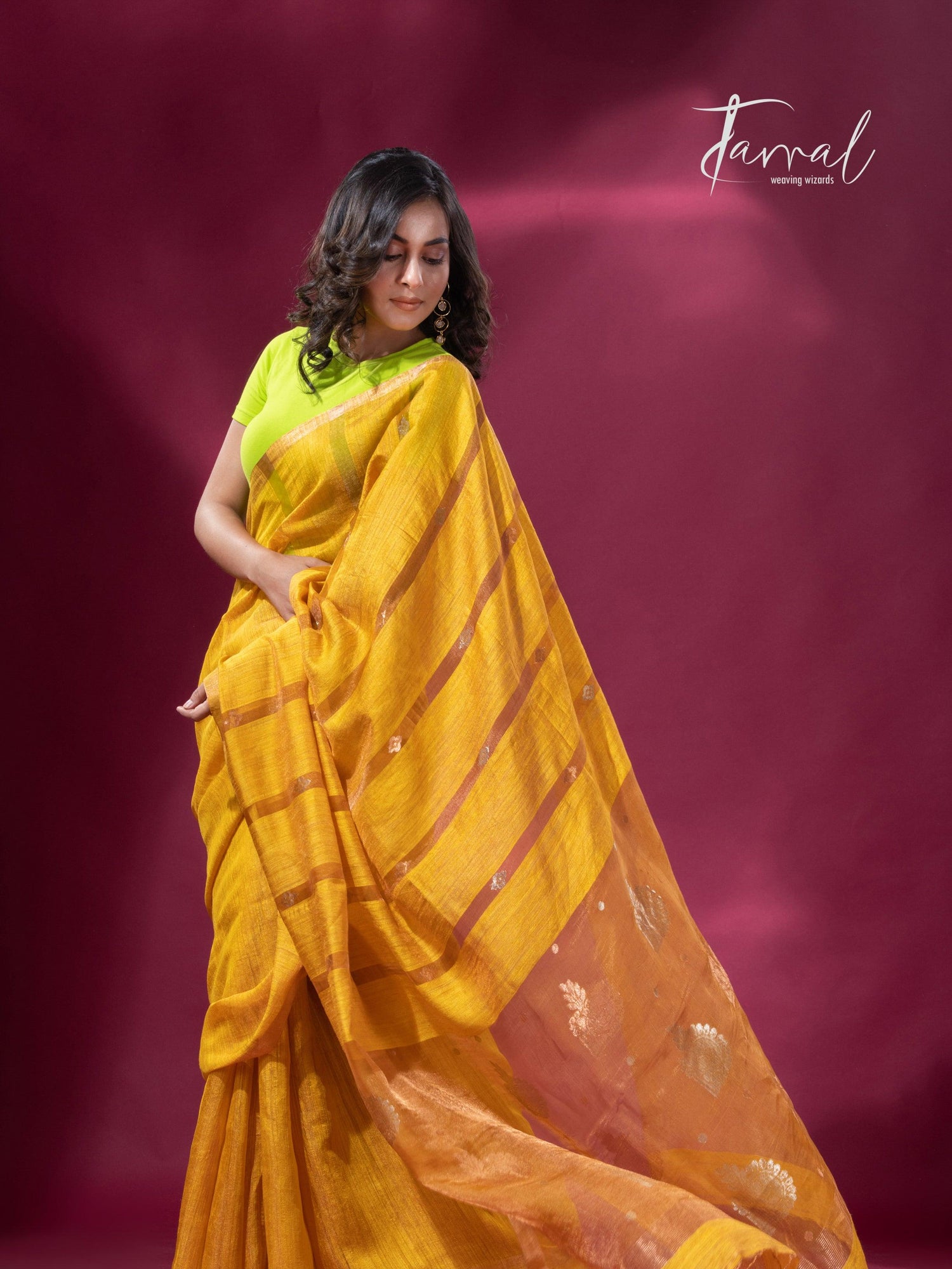 Golden yellow tissue matka muslin handloom jamdani saree right