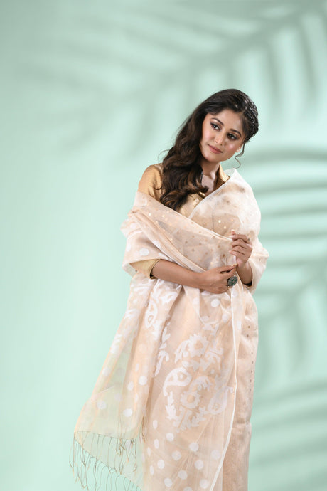 Golden beige pure tissue muslin handwoven jamdani sequins saree - Tamal Boutique