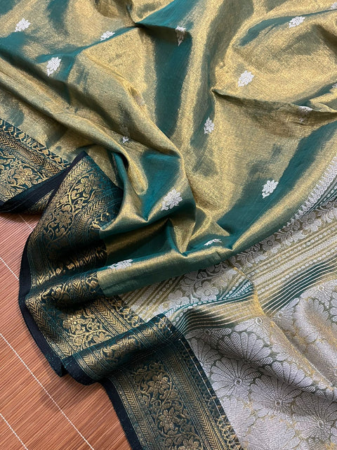 Golden with green and black border tissue handloom Banarasi saree