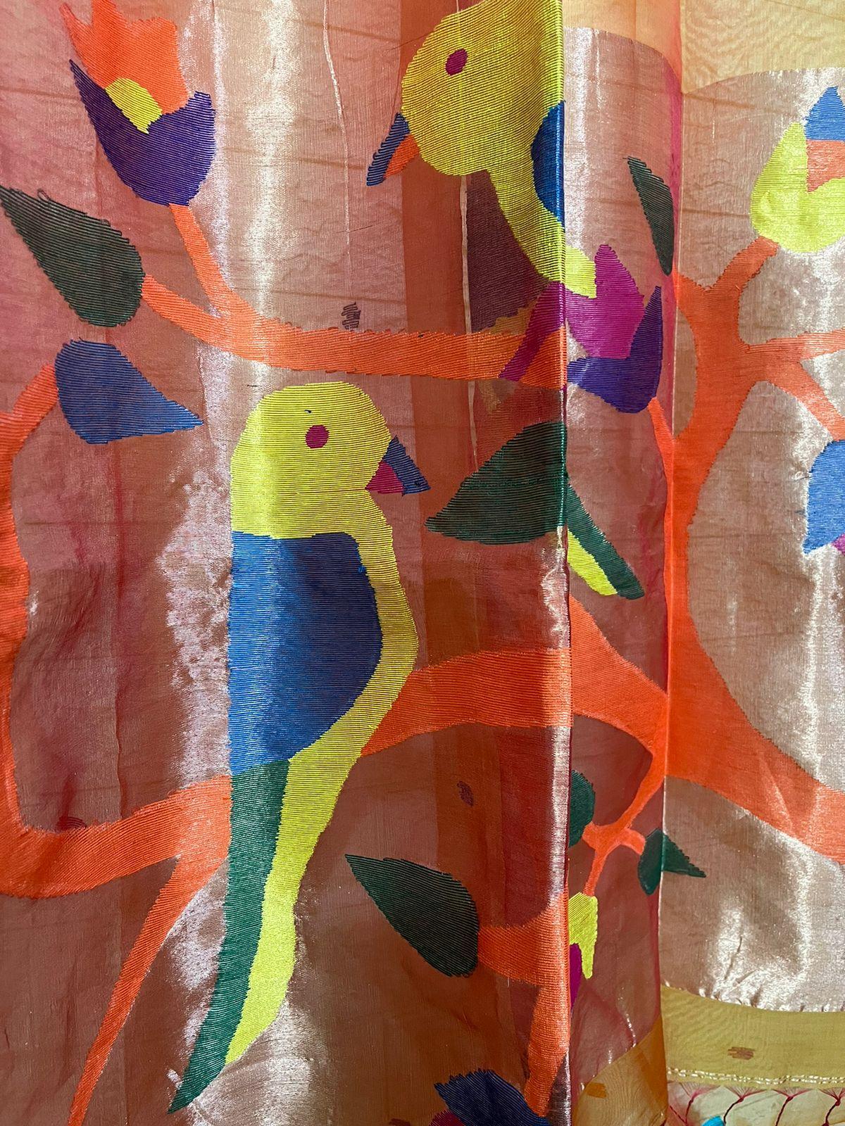 Golden Yellow colour with zari border love bird pure organza silk paithani handwoven jamdani saree - Tamal Boutique