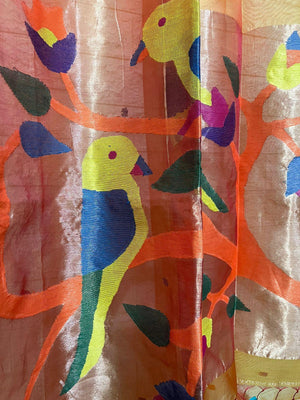 Golden Yellow colour with zari border love bird pure organza silk paithani handwoven jamdani saree - Tamal Boutique