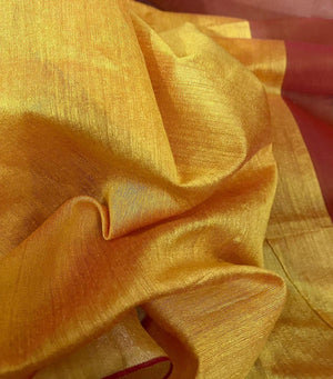Golden Yellow colour with zari border love bird pure organza silk paithani handwoven jamdani saree - Tamal Boutique