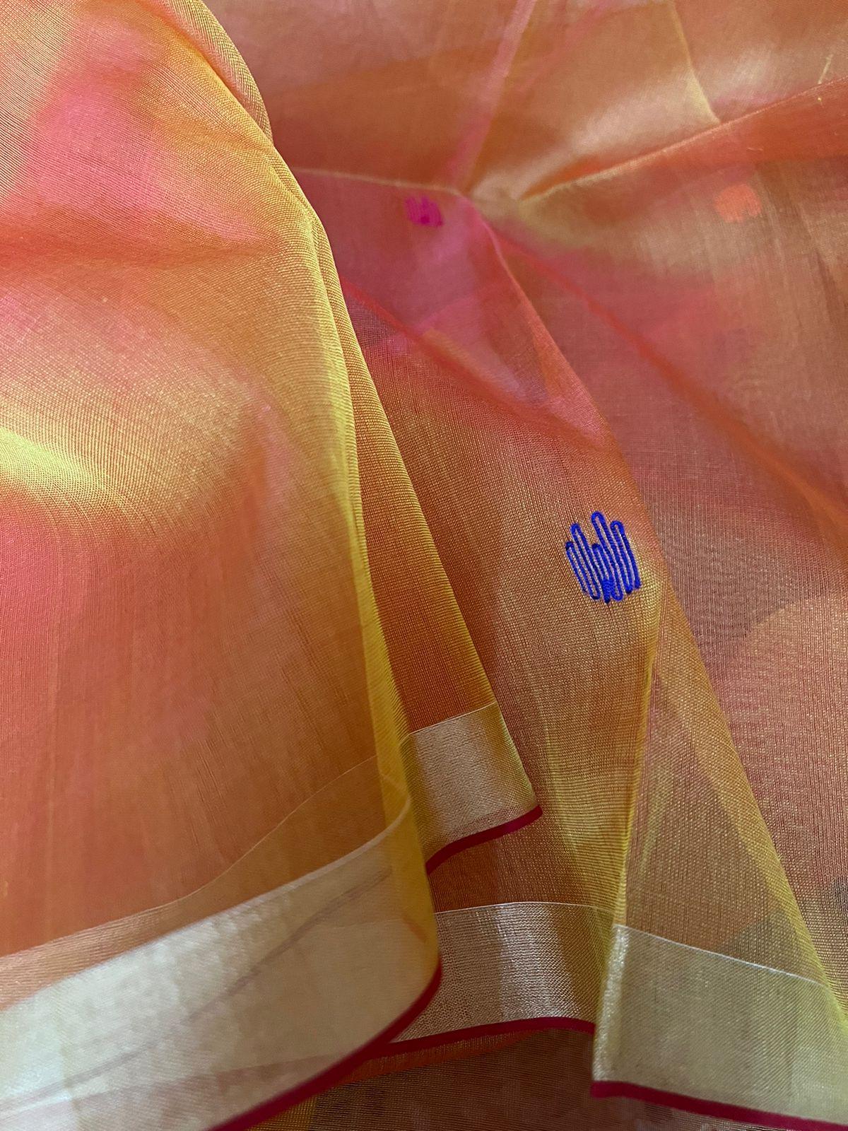 Golden Yellow colour with zari border love bird pure organza silk paithani handwoven jamdani saree - Tamal Boutique