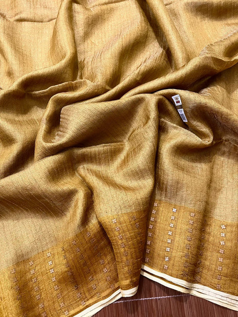 Golden yellow noil tussar zari silk handloom border sequins saree