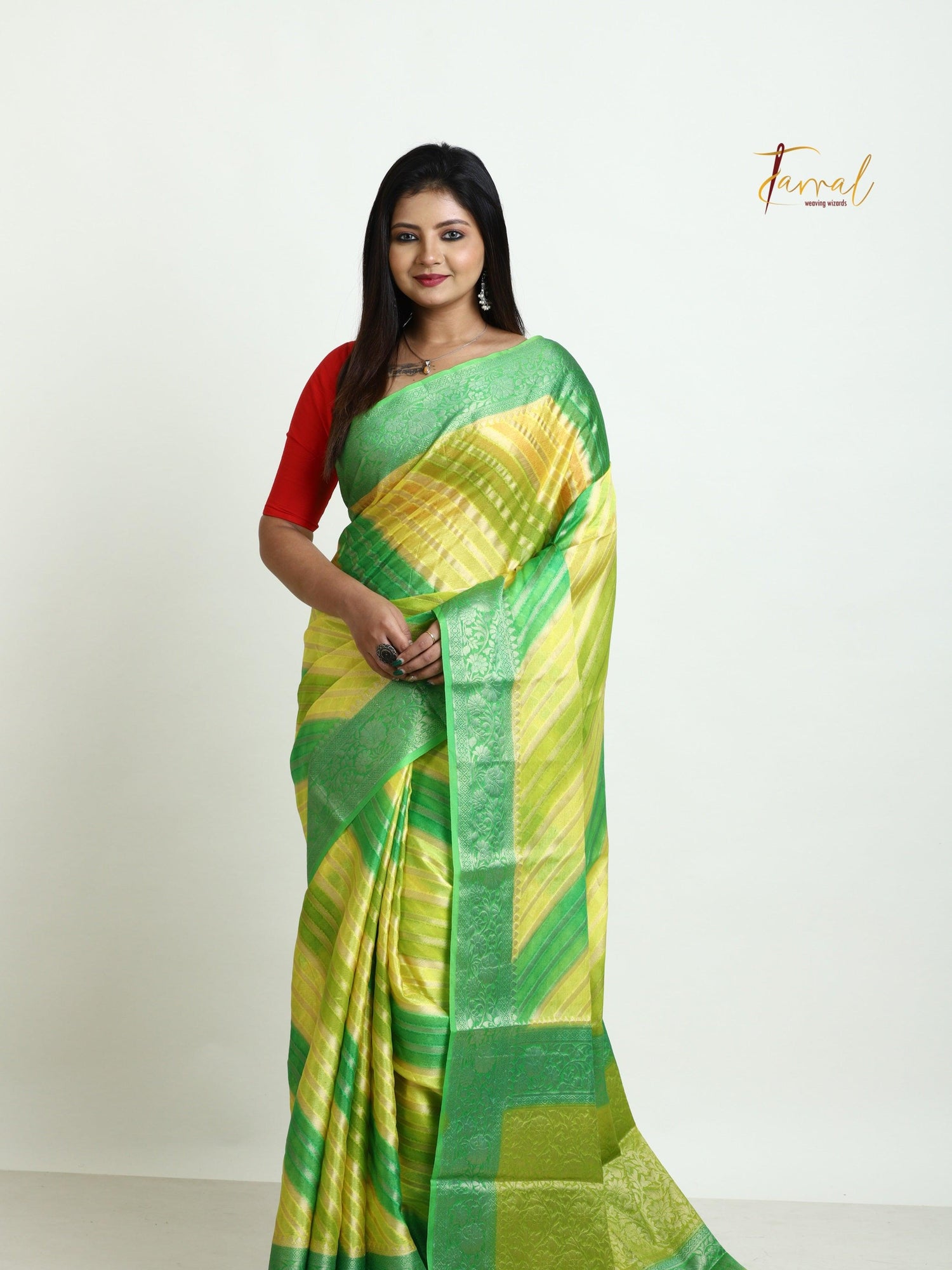 Green With Yellow Semi Georgette Benarasi Silk saree - Tamal Boutique
