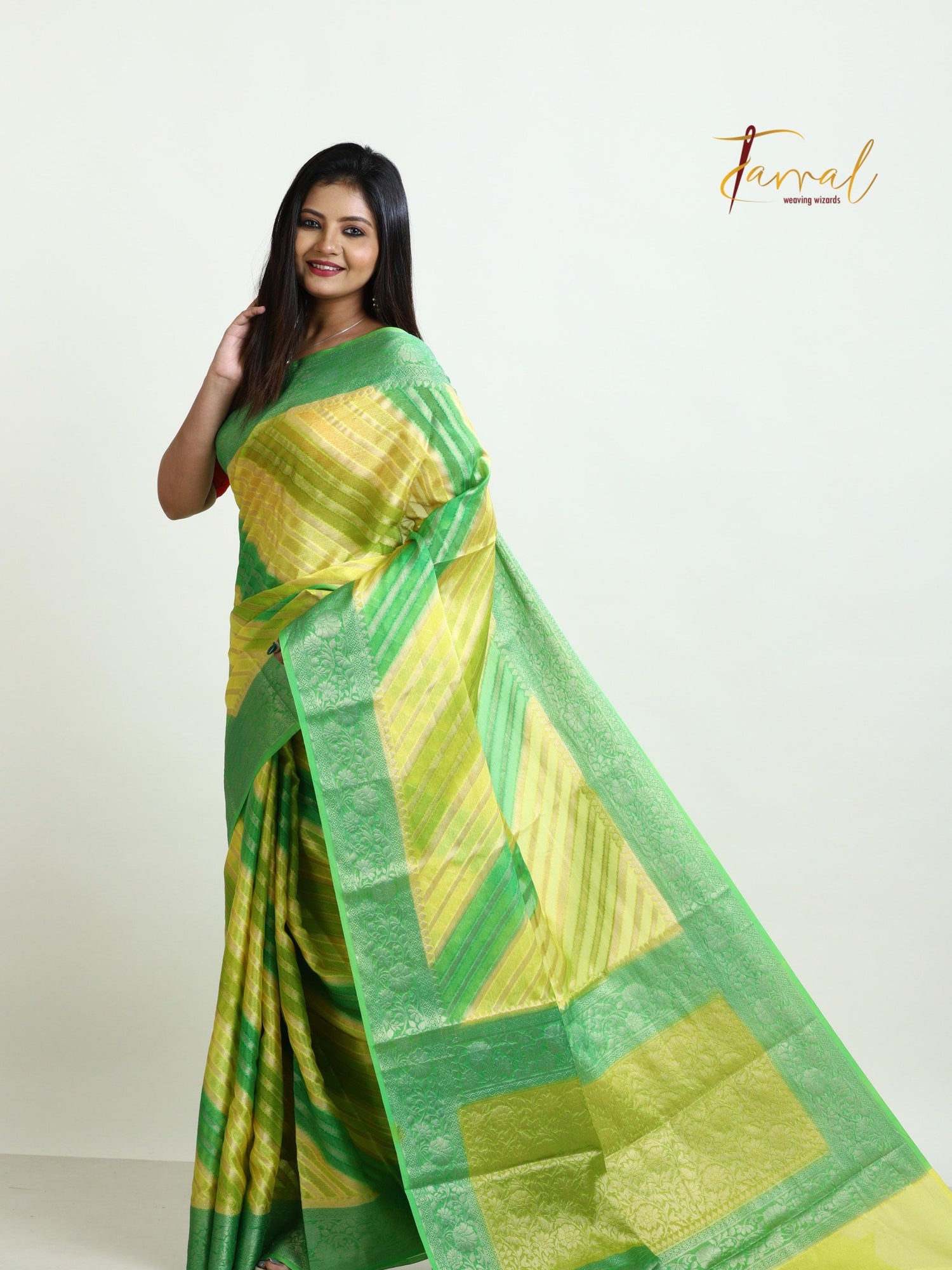 Green With Yellow Semi Georgette Benarasi Silk saree - Tamal Boutique