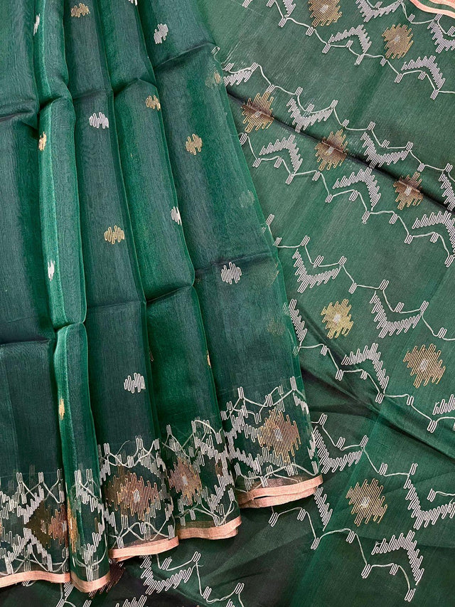 Green with golden border Organza silk handwoven jamdani saree - Tamal Boutique