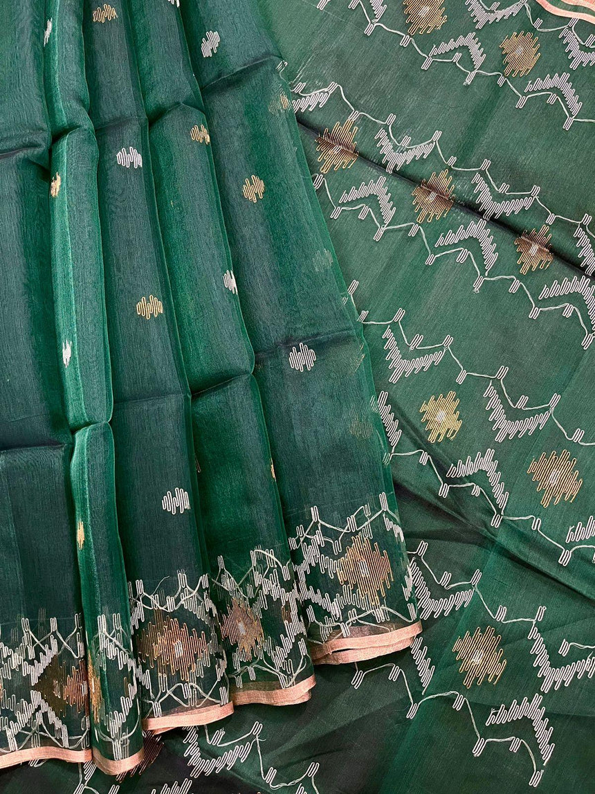 Green with golden border Organza silk handwoven jamdani saree - Tamal Boutique