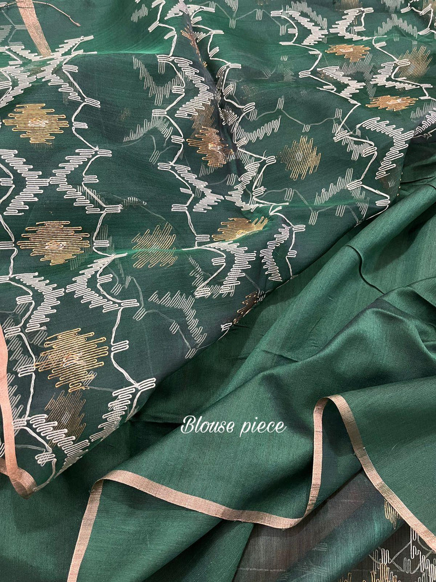 Green with golden border Organza silk handwoven jamdani saree - Tamal Boutique