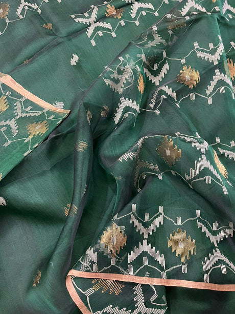 Green with golden border Organza silk handwoven jamdani saree - Tamal Boutique