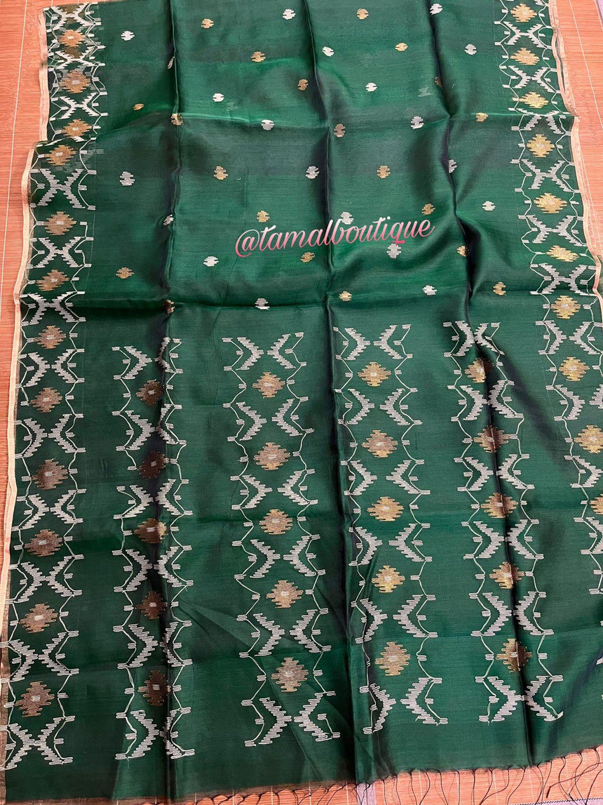 Green with golden border Organza silk handwoven jamdani saree - Tamal Boutique