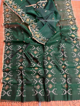 Green with golden border Organza silk handwoven jamdani saree - Tamal Boutique