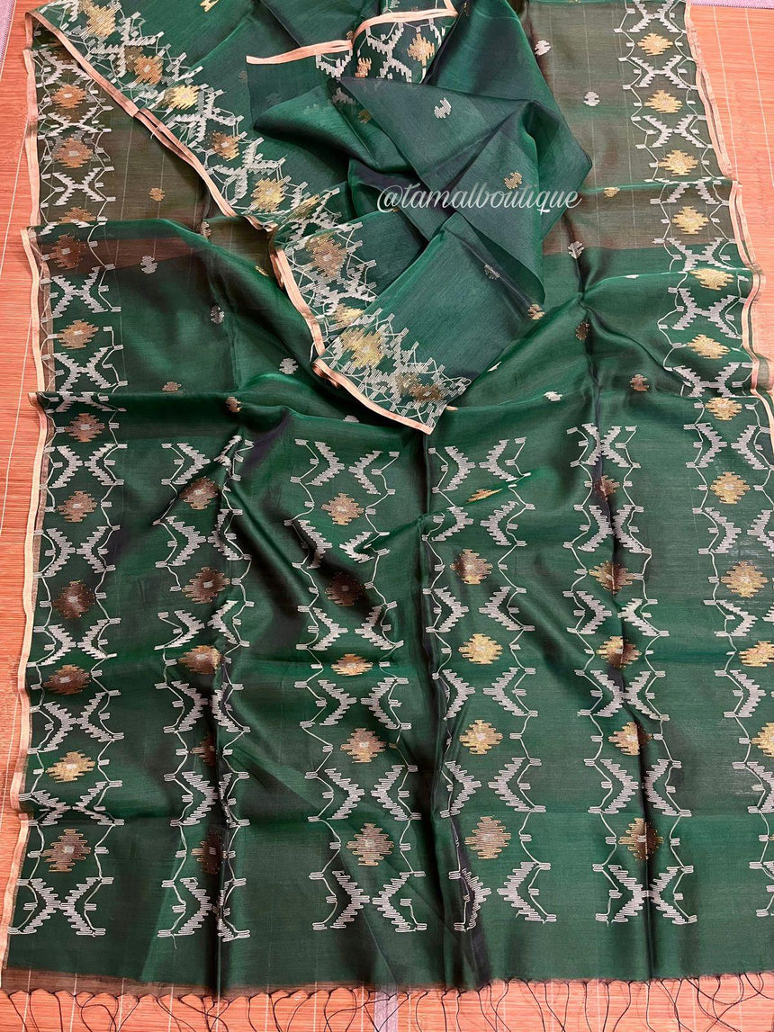 Green with golden border Organza silk handwoven jamdani saree - Tamal Boutique