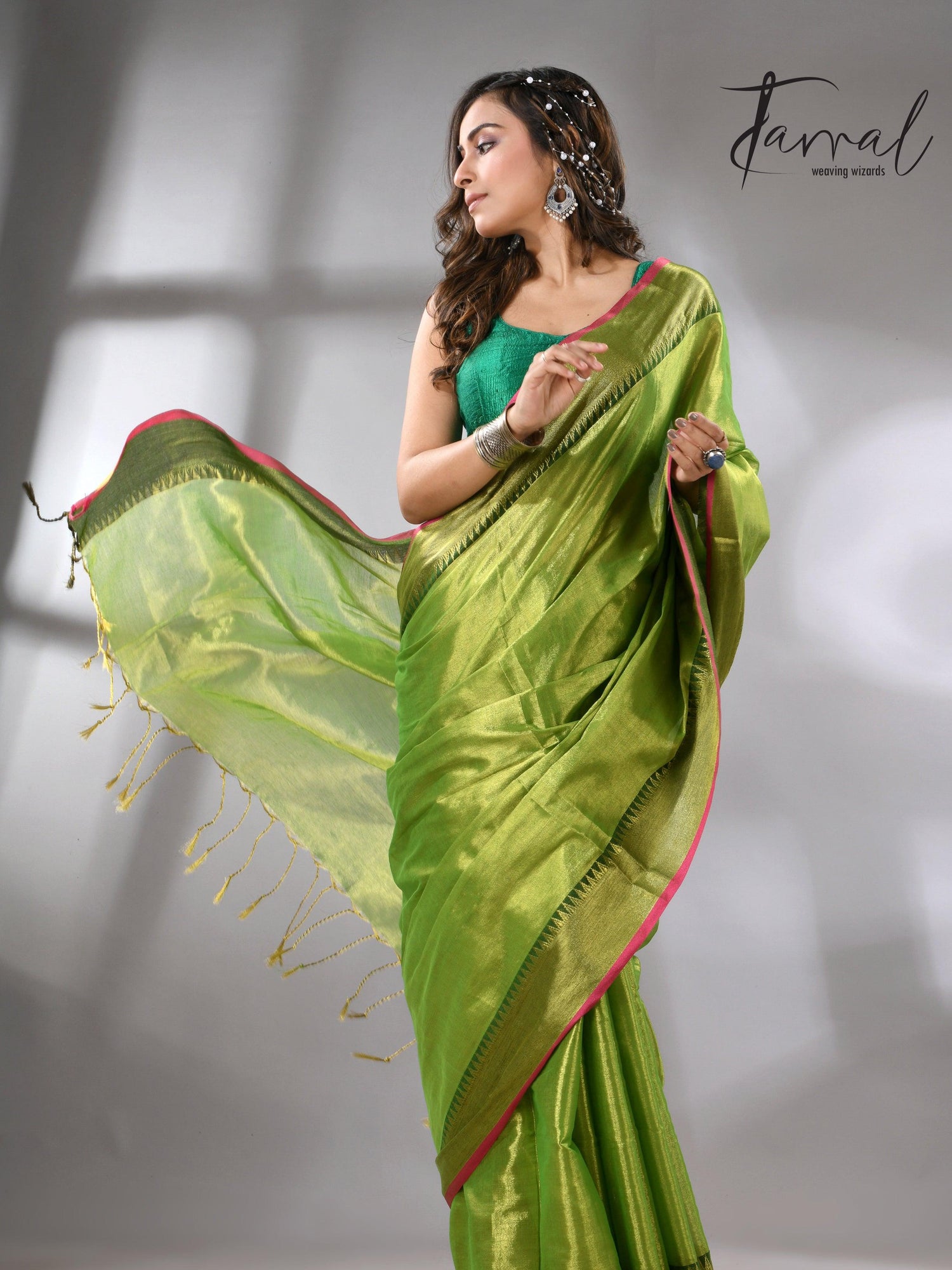 Green with Rani Border Tissue Handloom Saree
