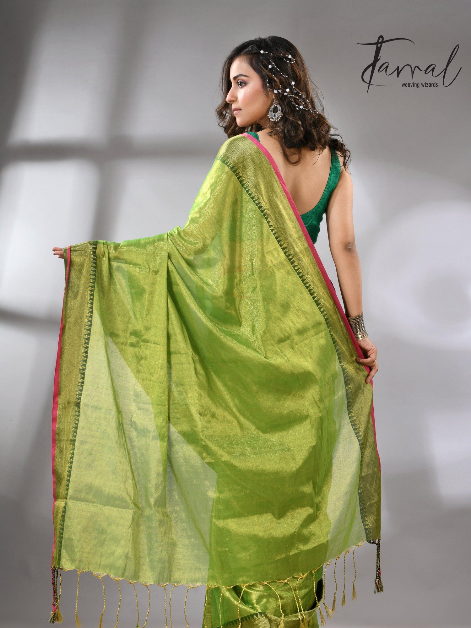 Green with Rani Border Tissue Handloom Saree back