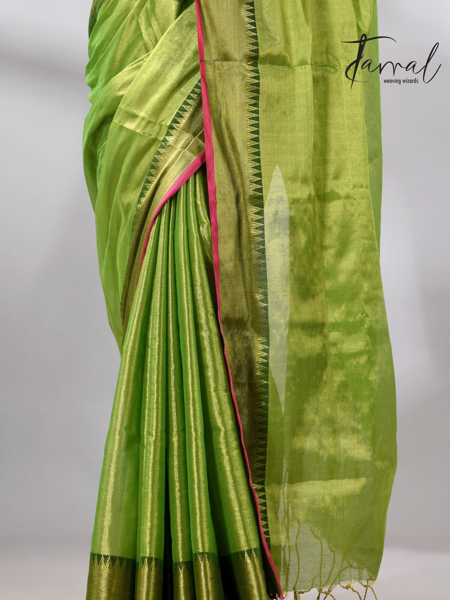 Green with Rani Border Tissue Handloom Saree bottom