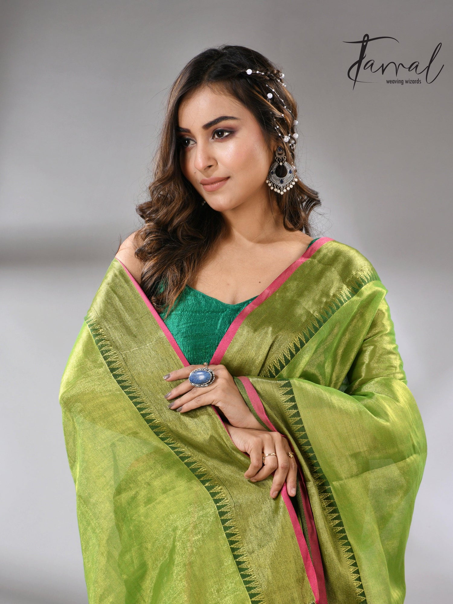 Green with Rani Border Tissue Handloom Saree cls