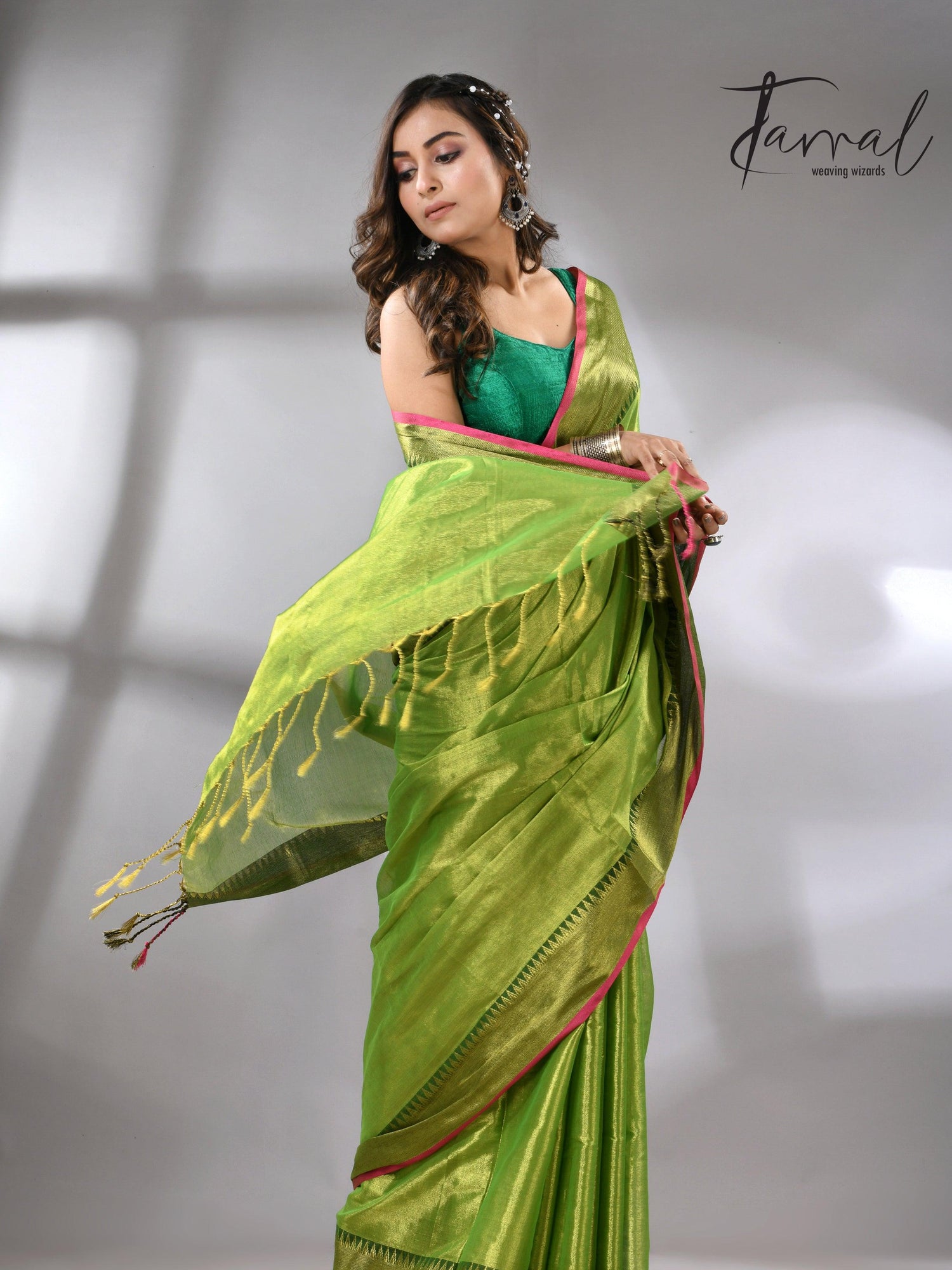 Green with Rani Border Tissue Handloom Saree full2