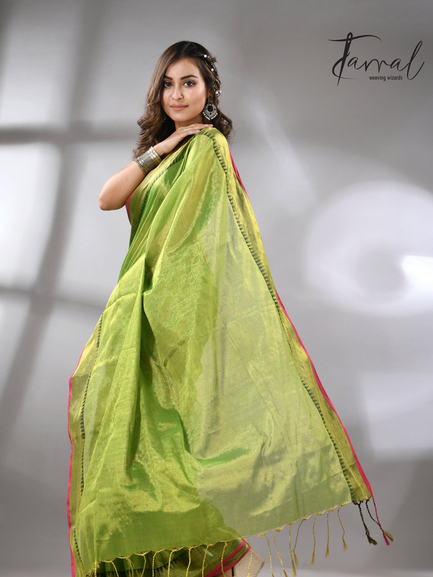 Green with Rani Border Tissue Handloom Saree full3