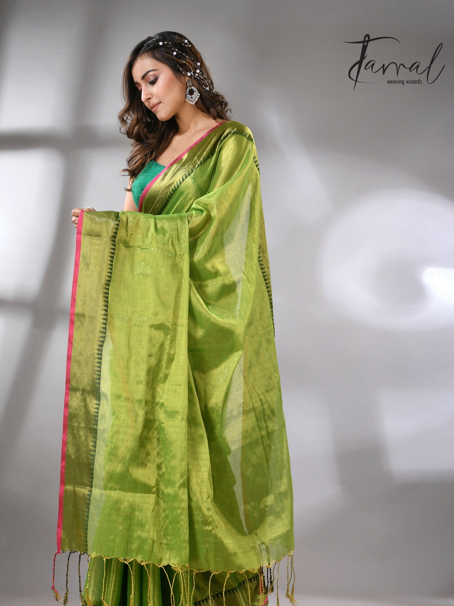 Green with Rani Border Tissue Handloom Saree full4