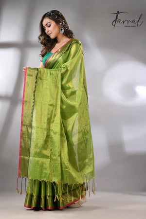 Green with Rani Border Tissue Handloom Saree full4
