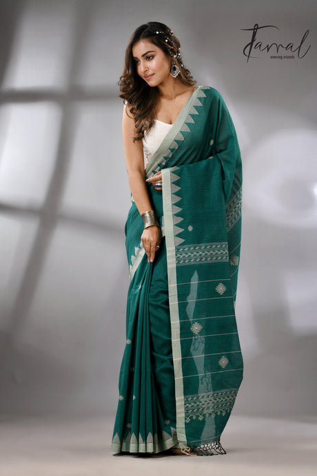Green with Temple Border Cotton Jamdani Saree full2
