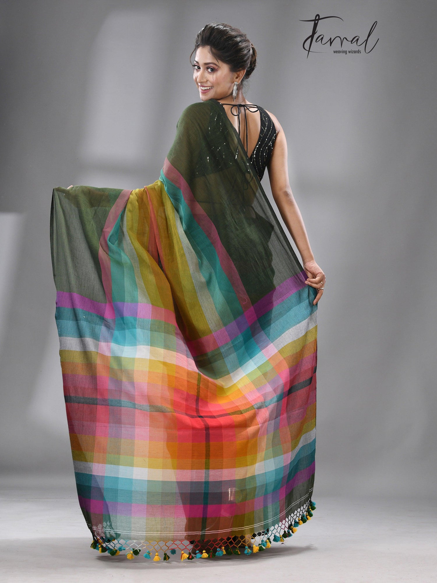 Green with rainbow colour combination mul cotton handloom saree