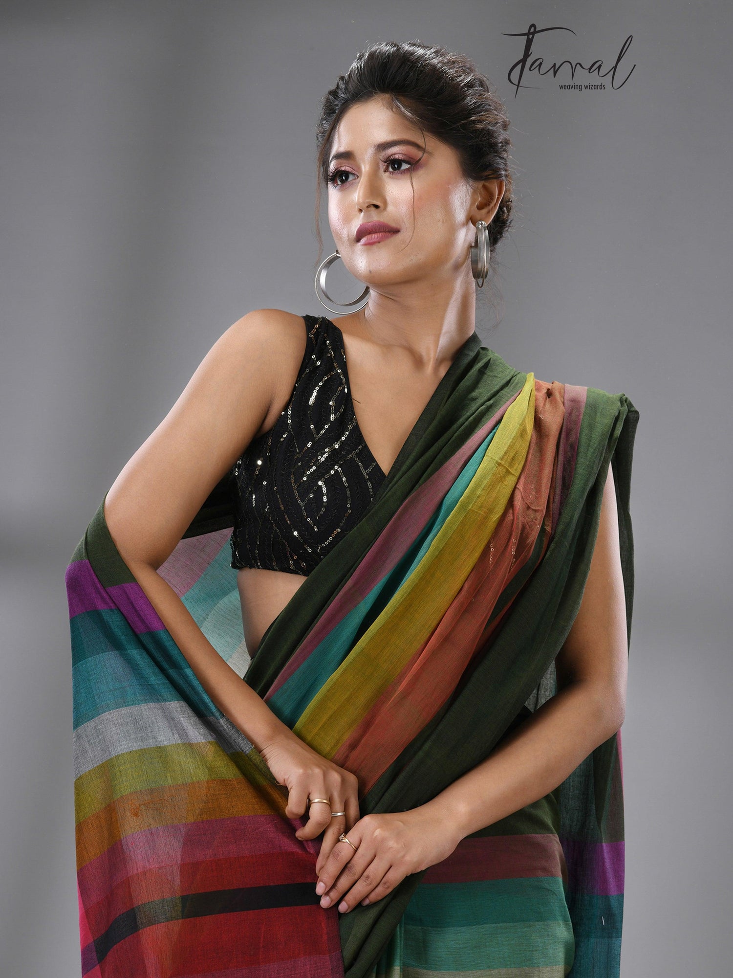 Green with rainbow colour combination mul cotton handloom saree