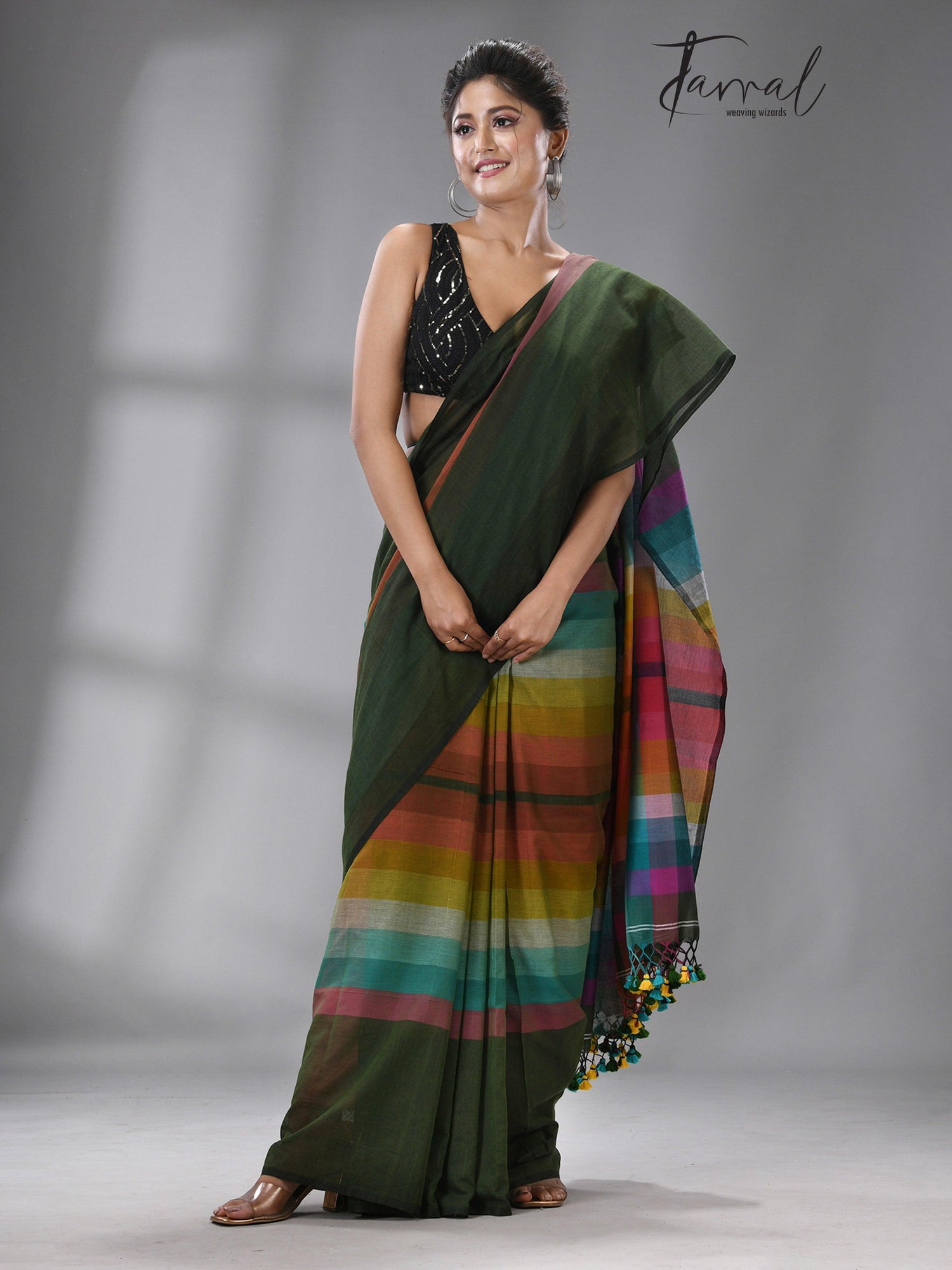 Green with rainbow colour combination mul cotton handloom saree 