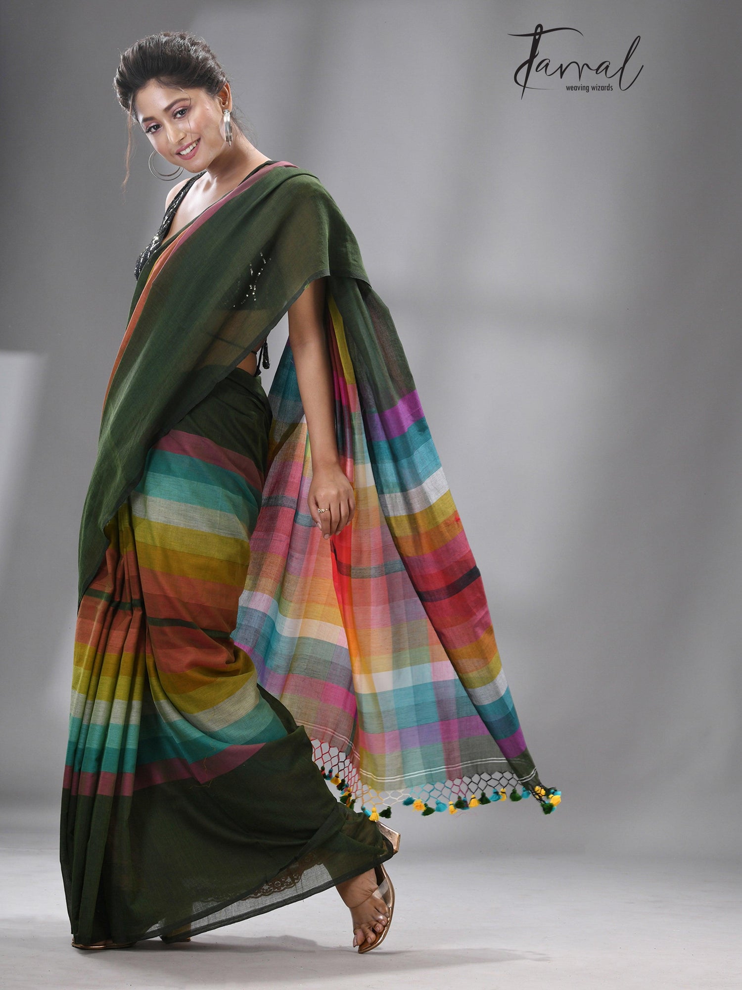 Green with rainbow colour combination mul cotton handloom saree