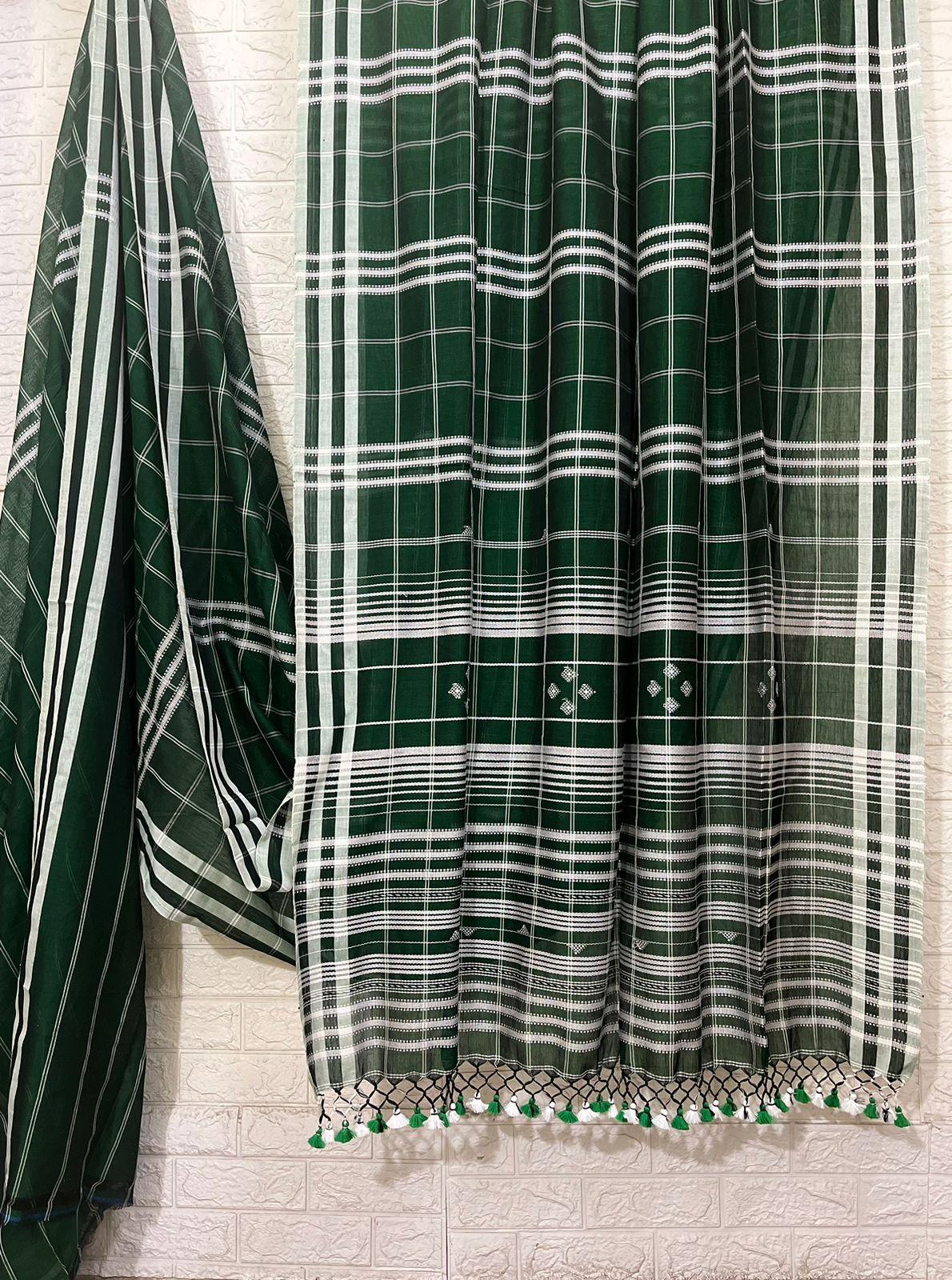 Green with white border check bhujoudi cotton handloom saree - Tamal Boutique