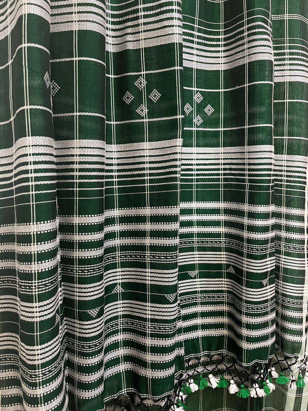 Green with white border check bhujoudi cotton handloom saree - Tamal Boutique