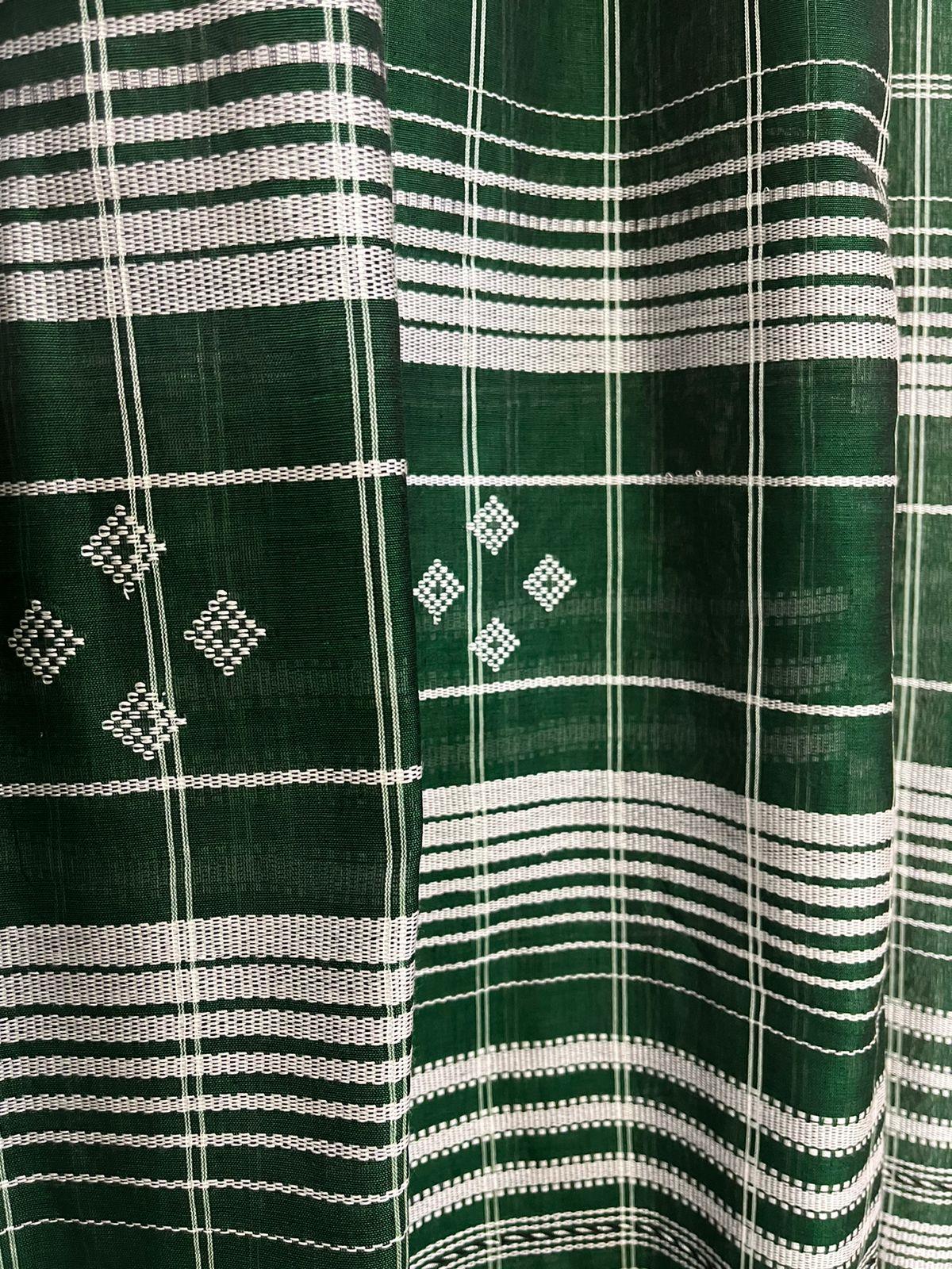 Green with white border check bhujoudi cotton handloom saree - Tamal Boutique