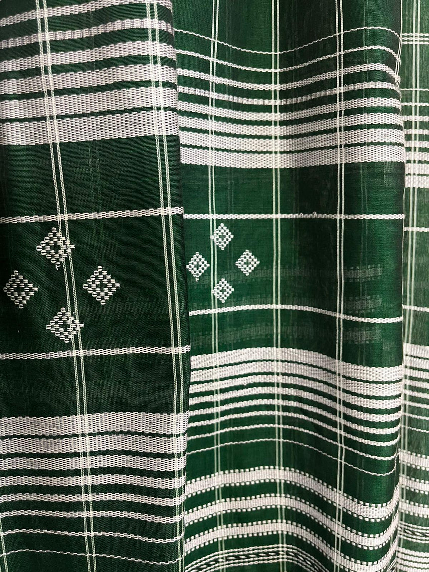 Green with white border check bhujoudi cotton handloom saree - Tamal Boutique