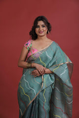 Green with golden zari border silk linen half & half handwoven jamdani saree - Tamal Boutique
