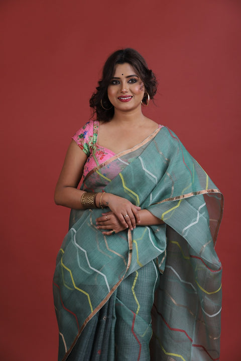 Green with golden zari border silk linen half & half handwoven jamdani saree