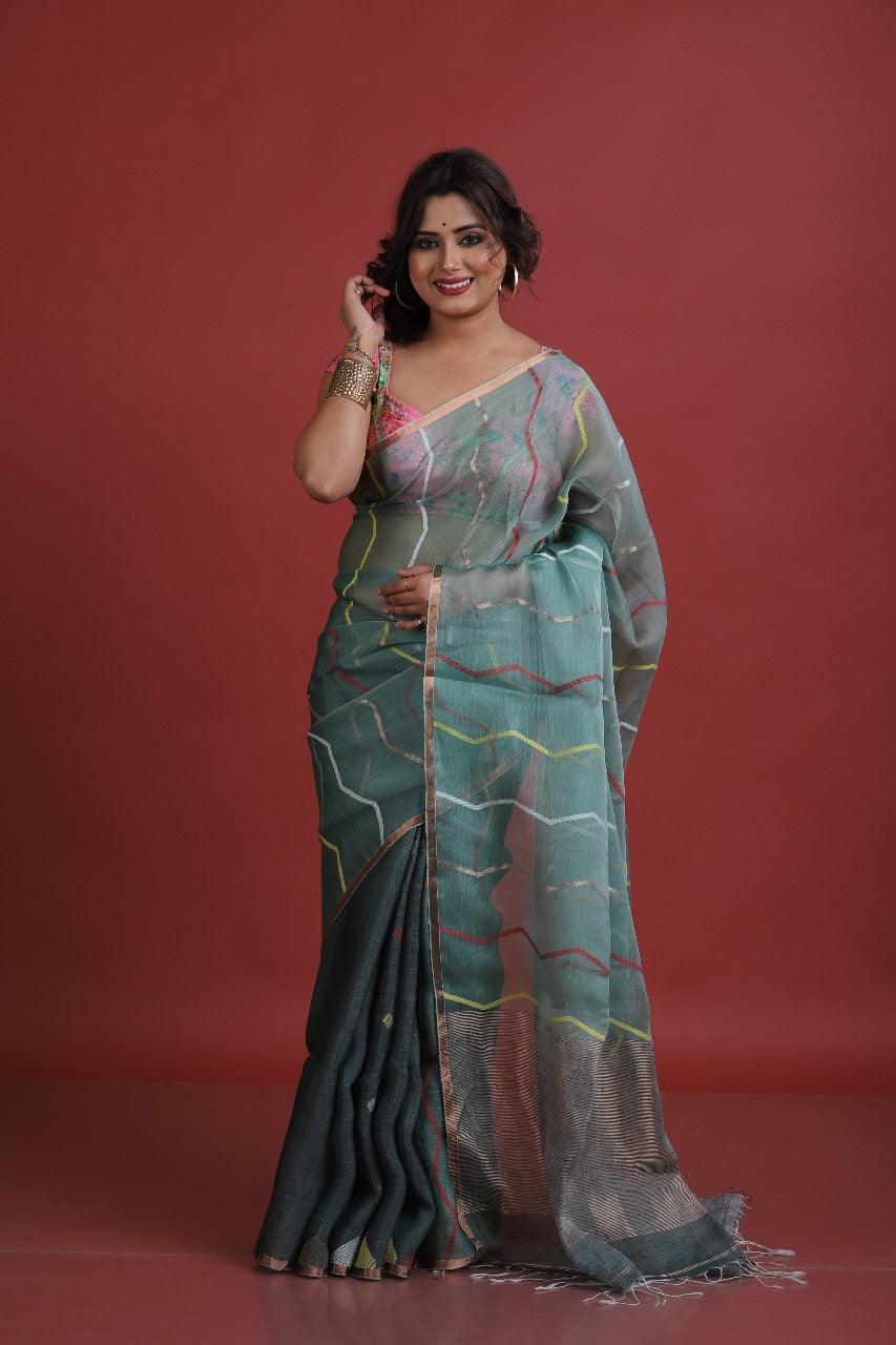 Green with golden zari border silk linen half & half handwoven jamdani saree - Tamal Boutique