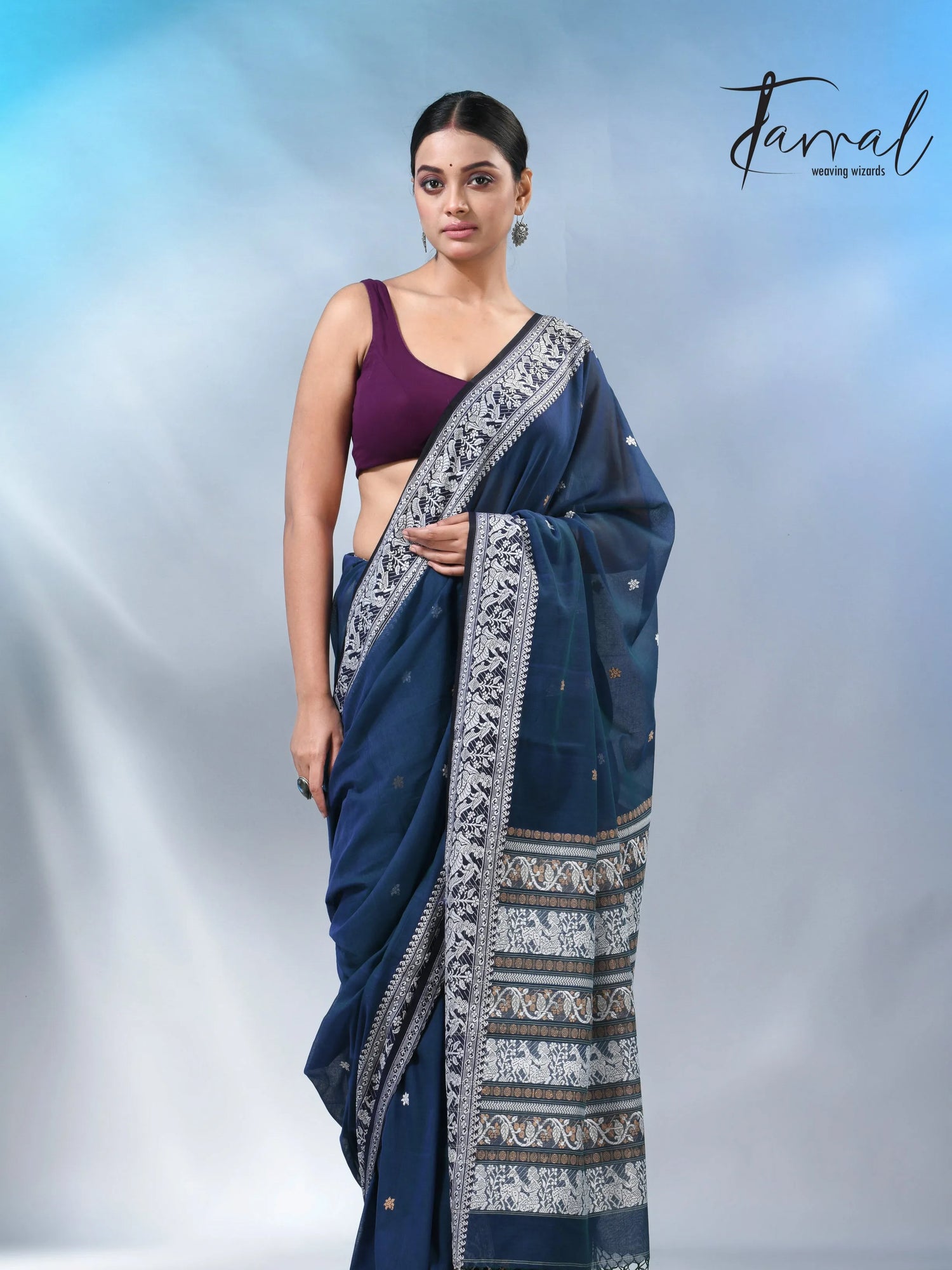 Greenish blue color baluchuri cotton handwoven jamdani saree