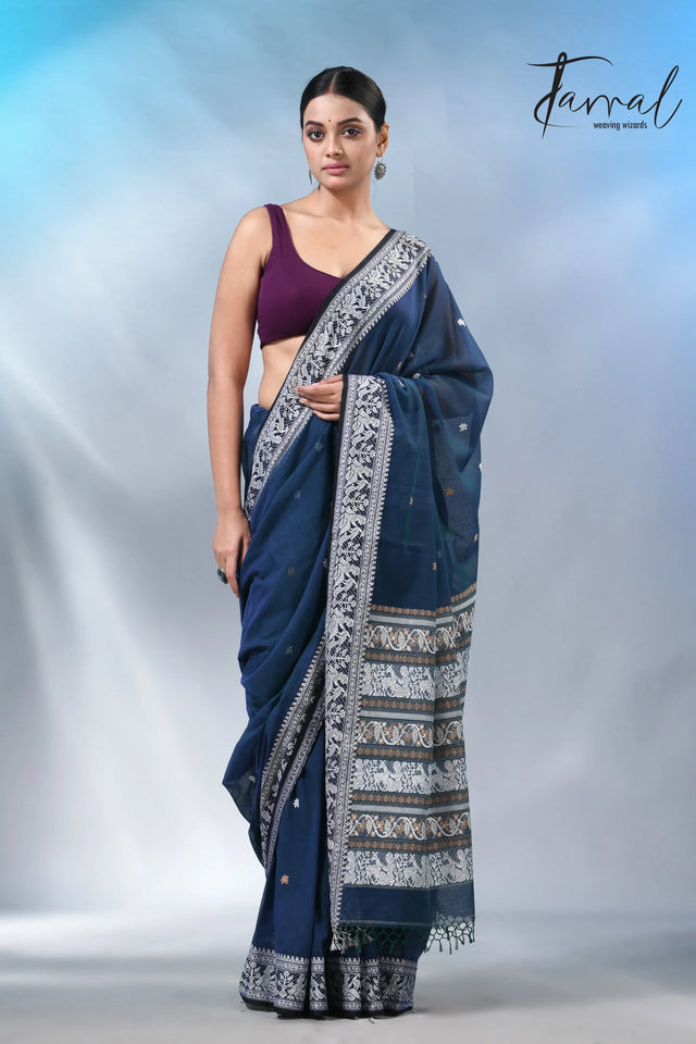 Greenish blue color baluchuri cotton handwoven jamdani saree