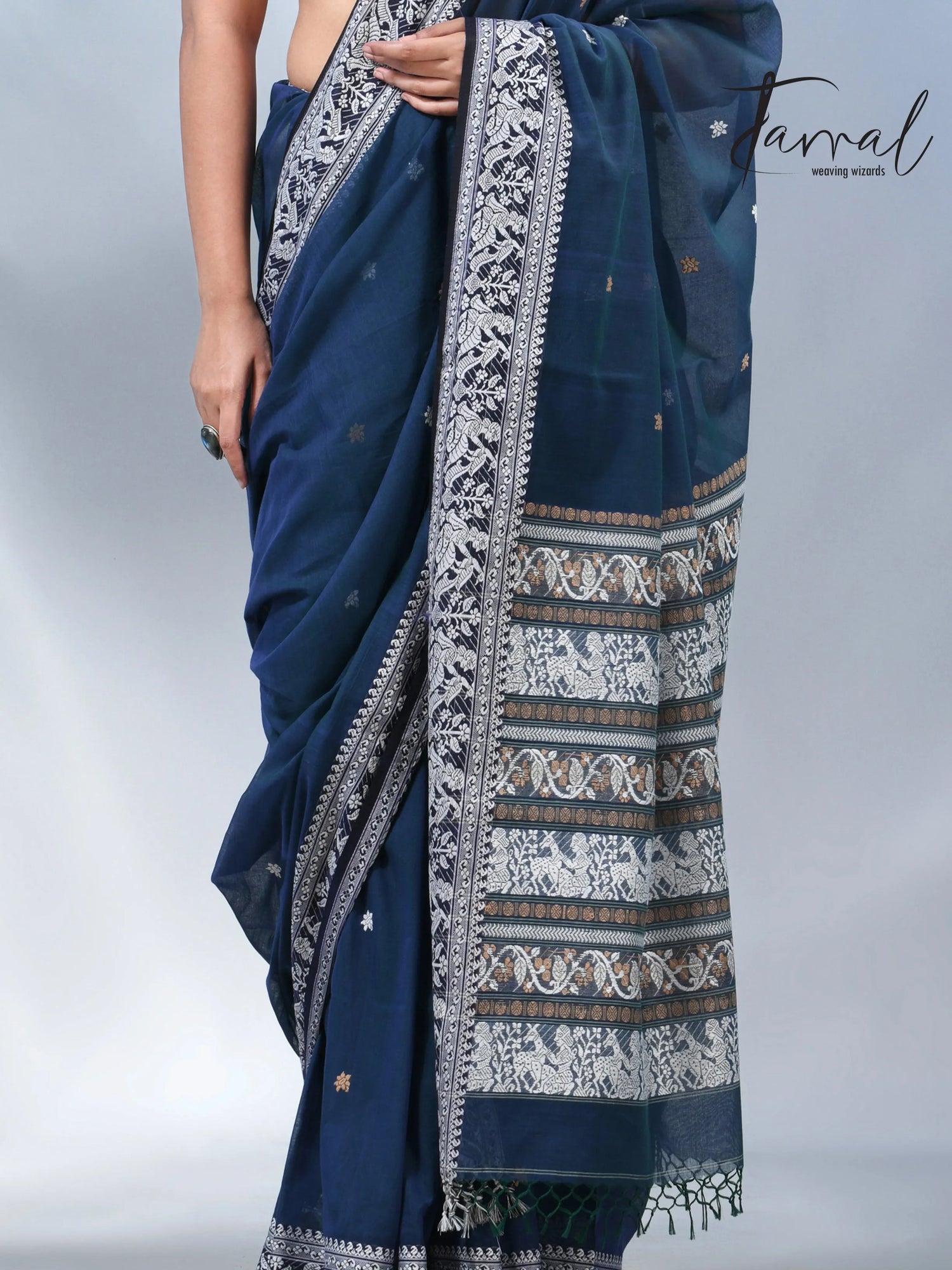 Greenish blue color baluchuri cotton handwoven jamdani saree
