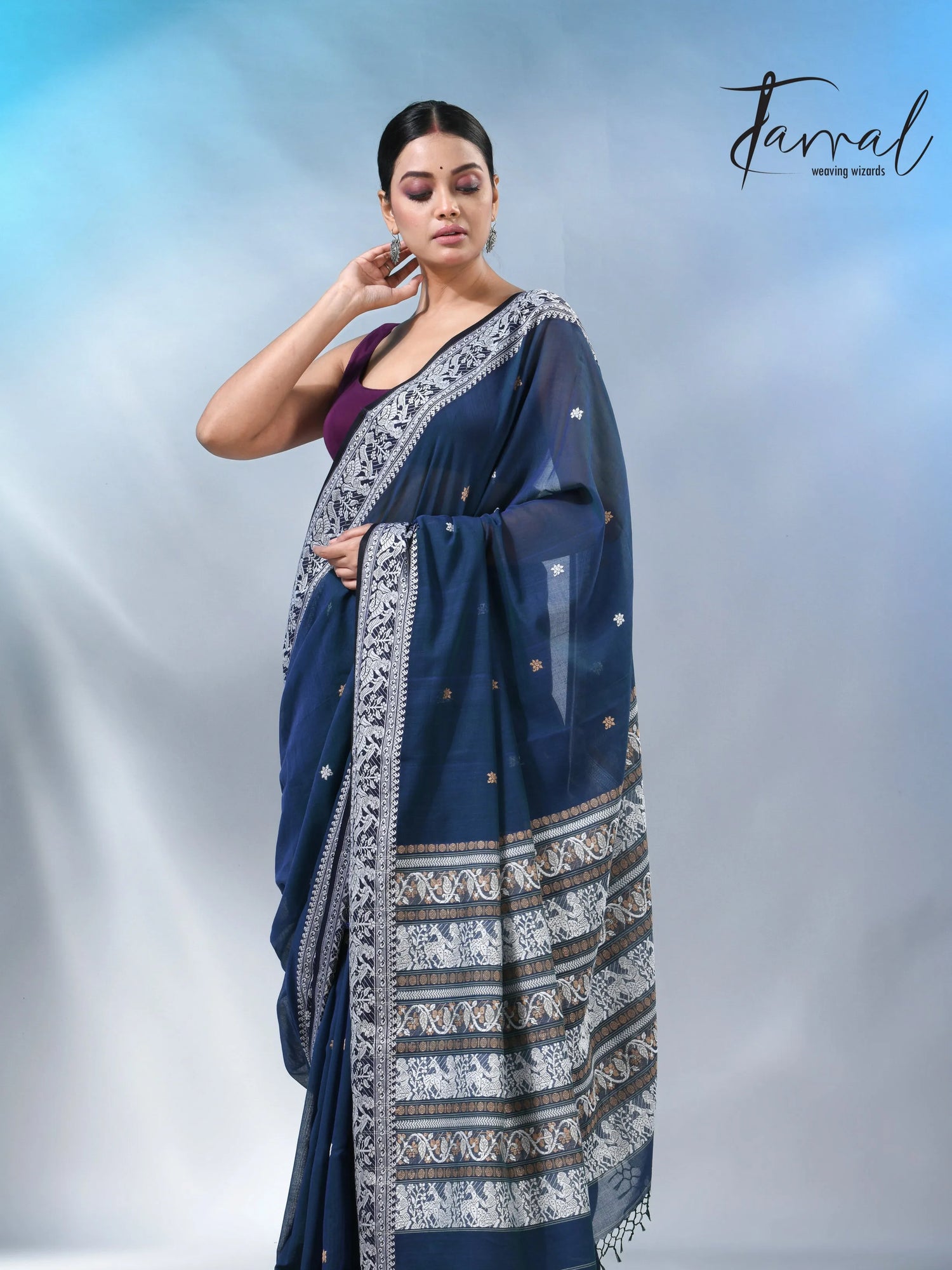 Greenish blue color baluchuri cotton handwoven jamdani saree