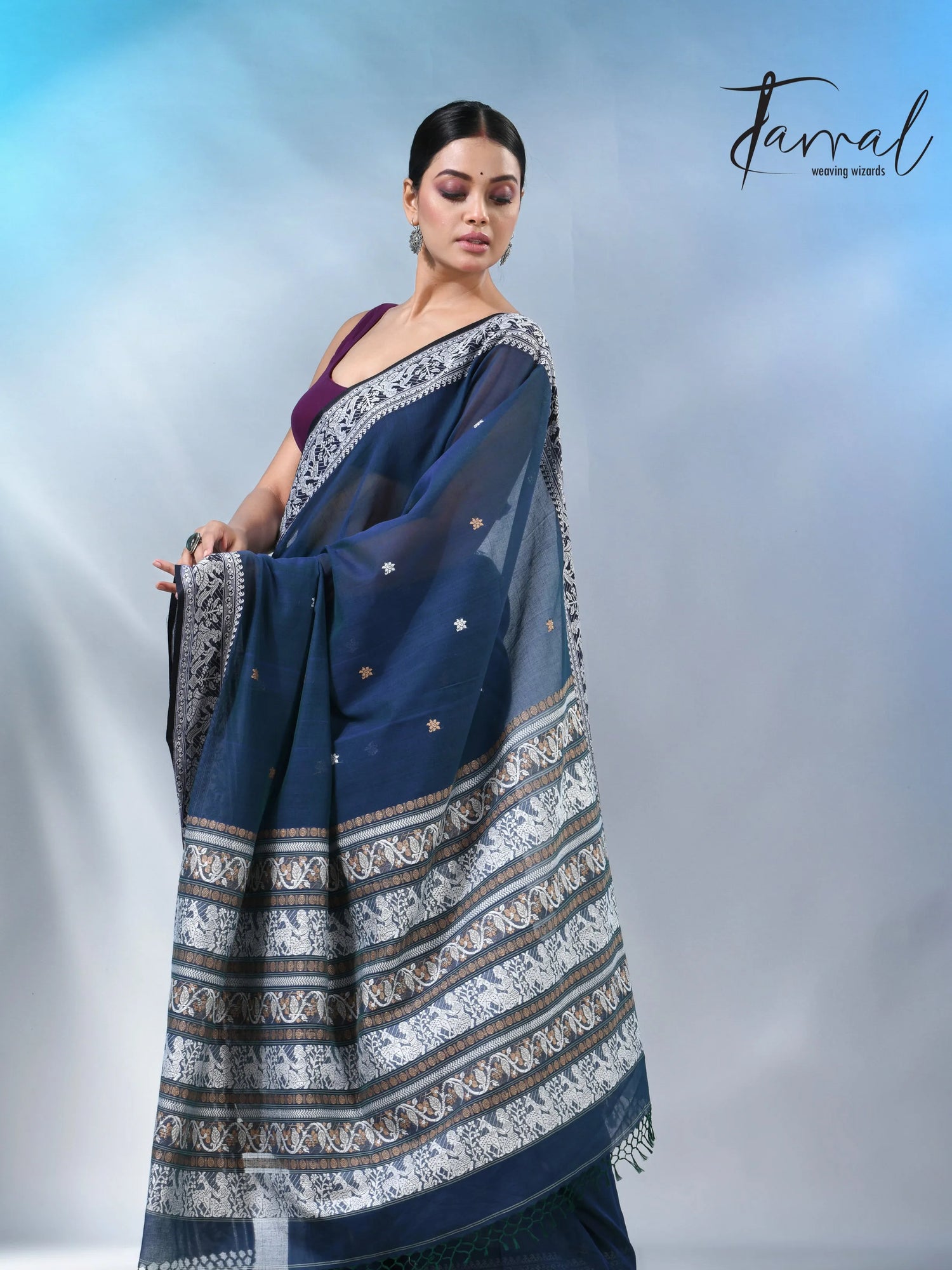 Greenish blue color baluchuri cotton handwoven jamdani saree