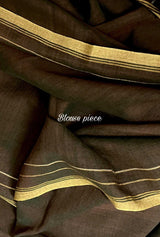 Greenish brown with yellow border cotton handwoven jamdani saree - Tamal Boutique