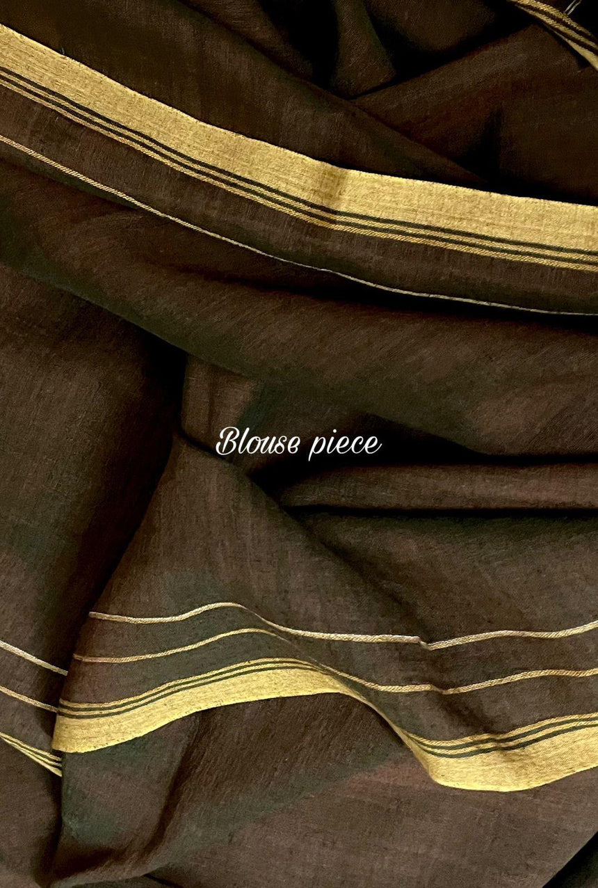 Greenish brown with yellow border cotton handwoven jamdani saree - Tamal Boutique