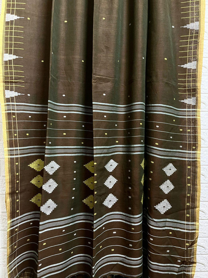 Greenish brown with yellow border cotton handwoven jamdani saree - Tamal Boutique
