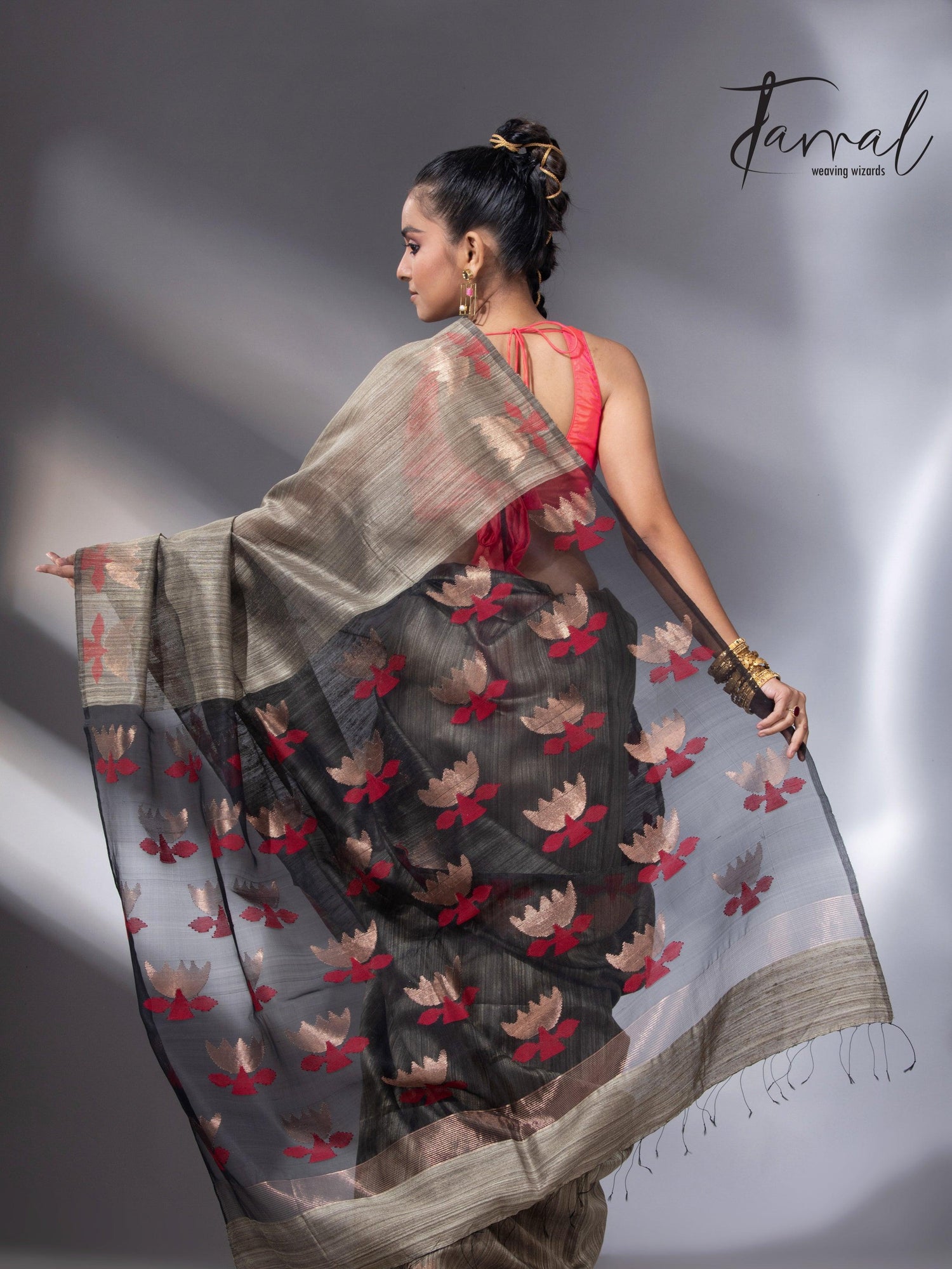 Greenish grey with gold lotus handwoven matka silk jamdani saree - Tamal Boutique