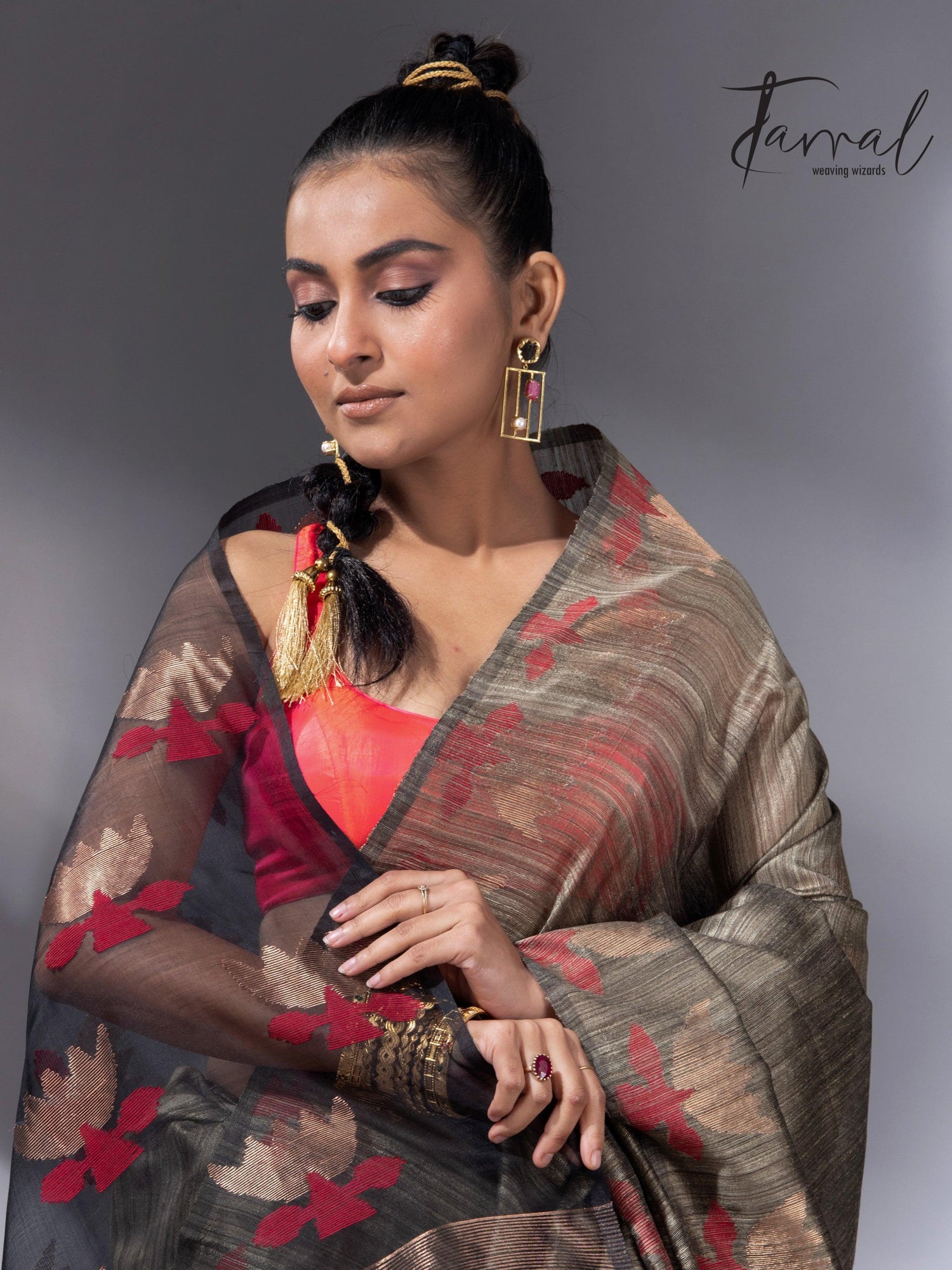 Greenish grey with gold lotus handwoven matka silk jamdani saree - Tamal Boutique