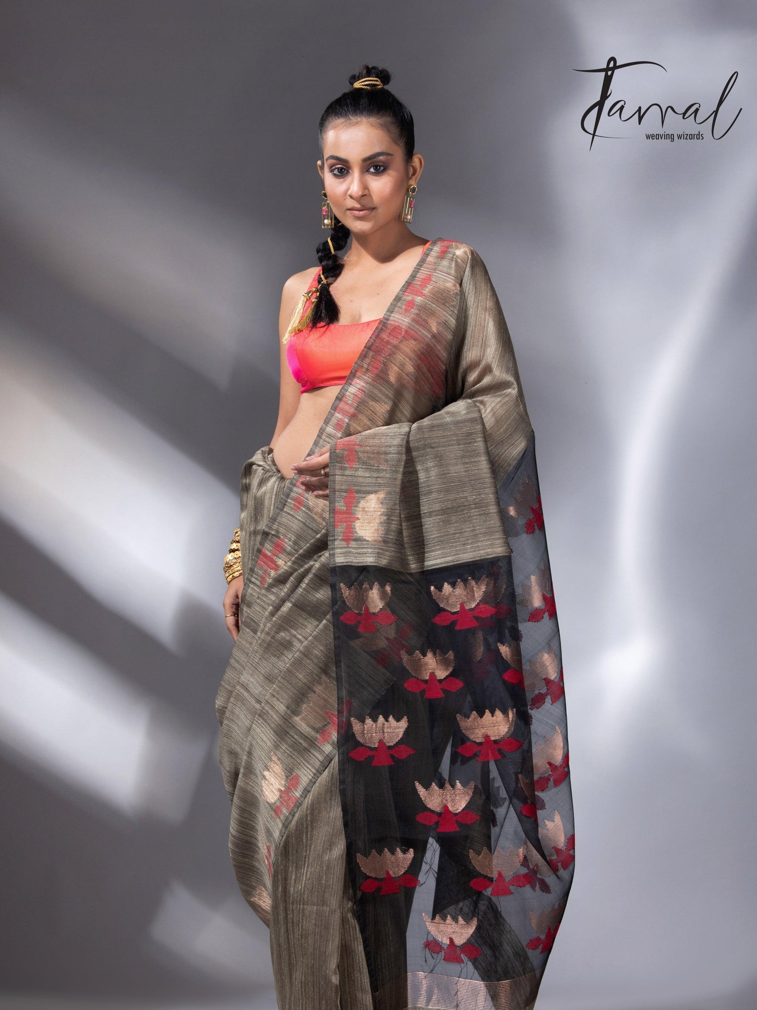 Greenish grey with gold lotus handwoven matka silk jamdani saree - Tamal Boutique