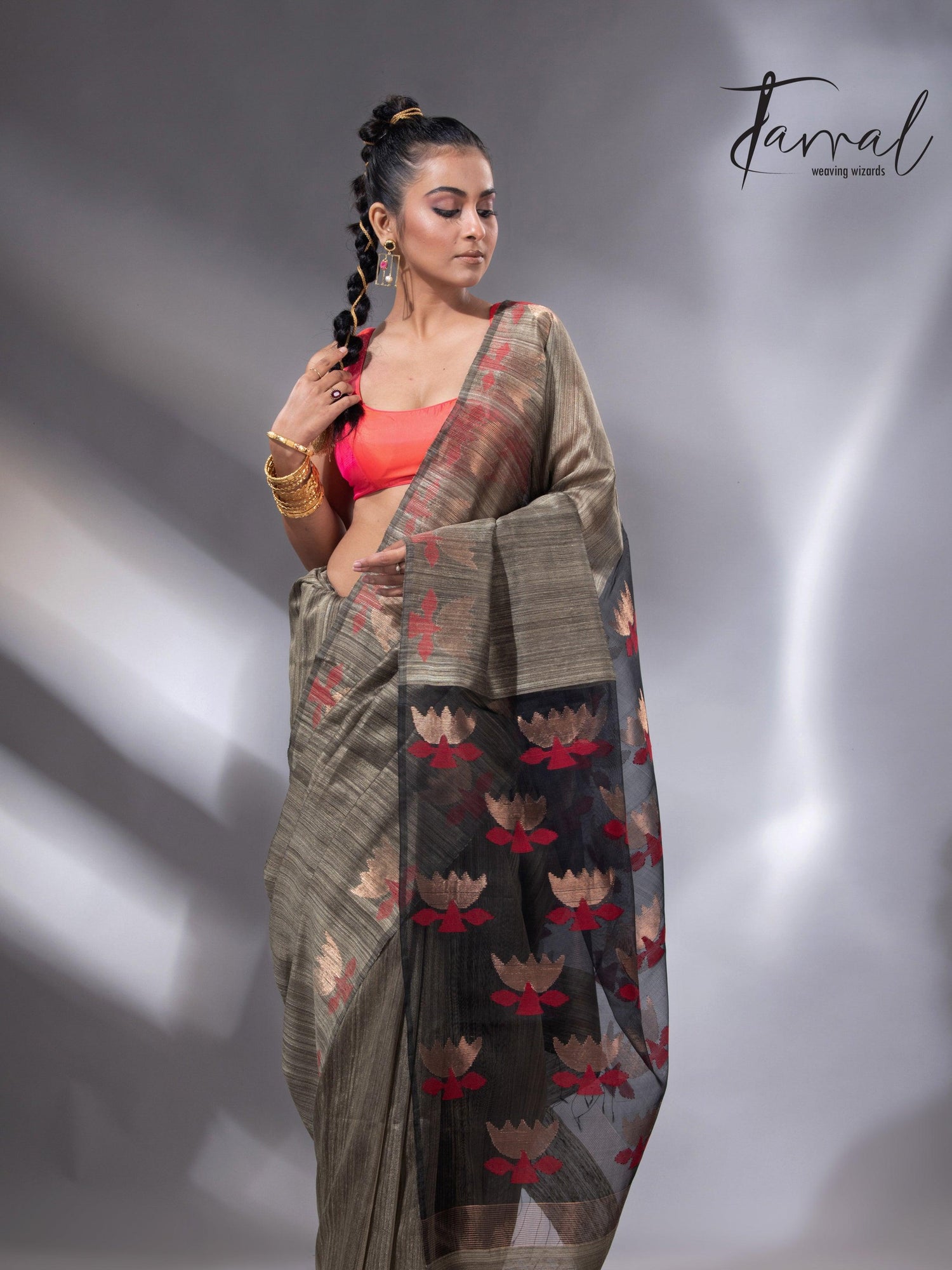 Greenish grey with gold lotus handwoven matka silk jamdani saree - Tamal Boutique