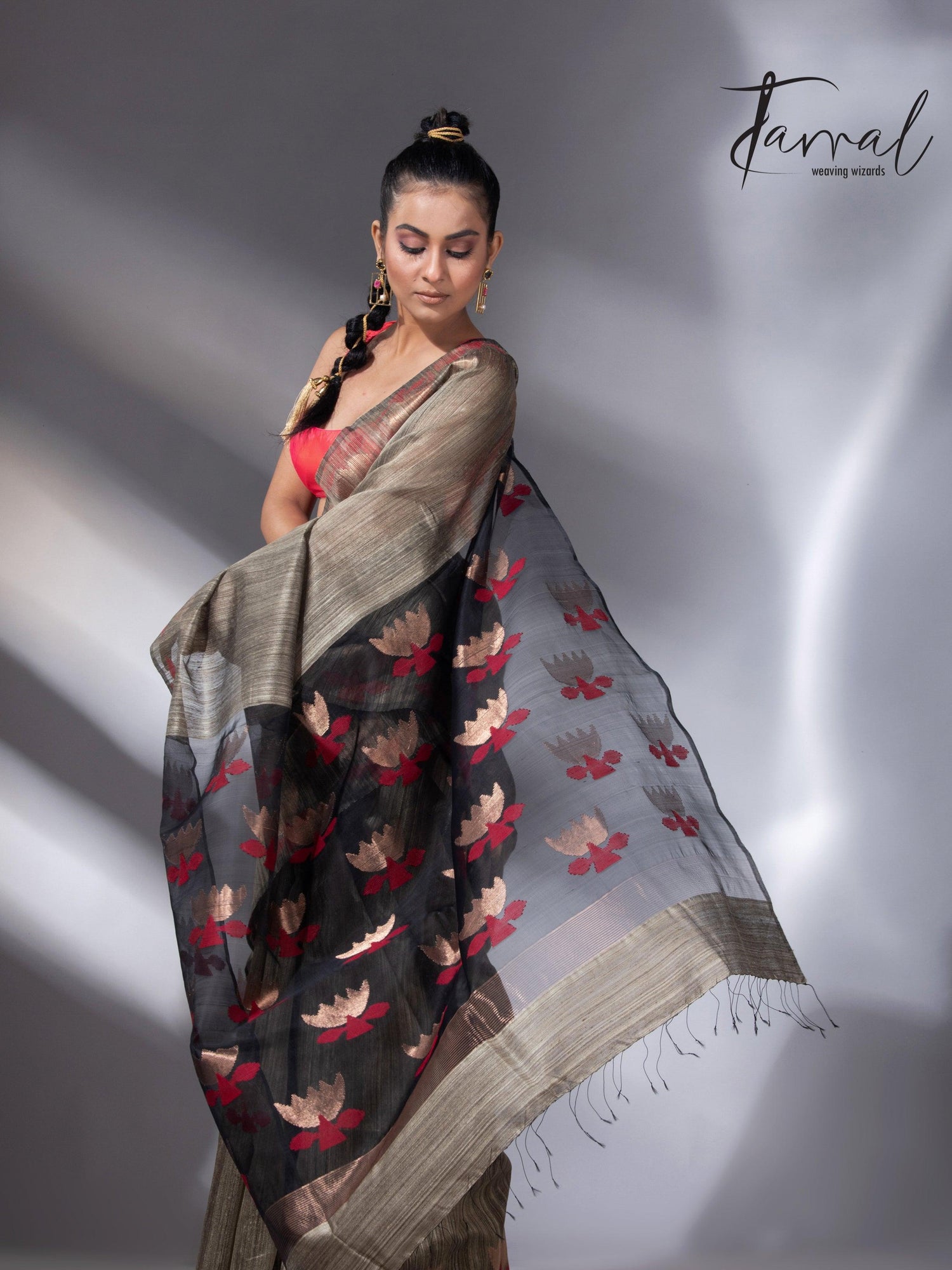 Greenish grey with gold lotus handwoven matka silk jamdani saree - Tamal Boutique